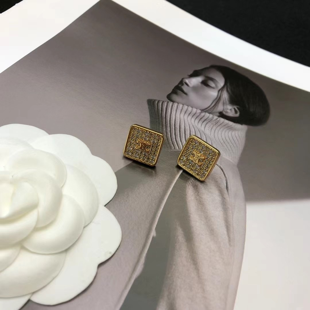 Celine Celestine Triomphe Square Stud Earrings earrings gold-tone metal with clear pave crystals 1 2cm stud diameter