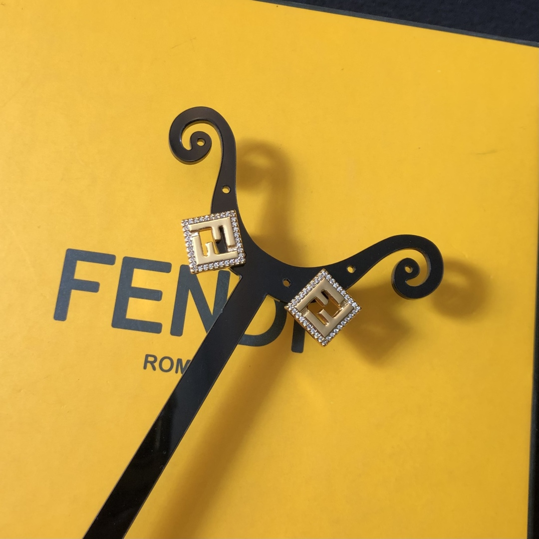 Fendi FF Logo Square Stud Earrings earrings gold-tone metal with clear crystal accents 1cm x 1cm per