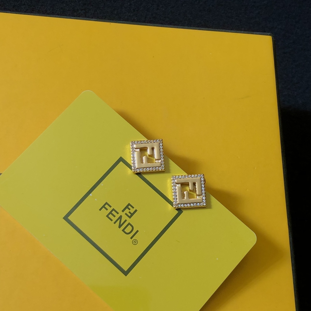 Fendi FF Logo Square Stud Earrings earrings gold-tone metal with clear crystal accents 1cm x 1cm per