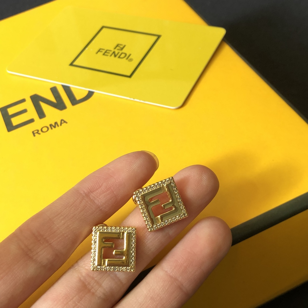 Fendi FF Logo Square Stud Earrings earrings gold-tone metal with clear crystal accents 1cm x 1cm per