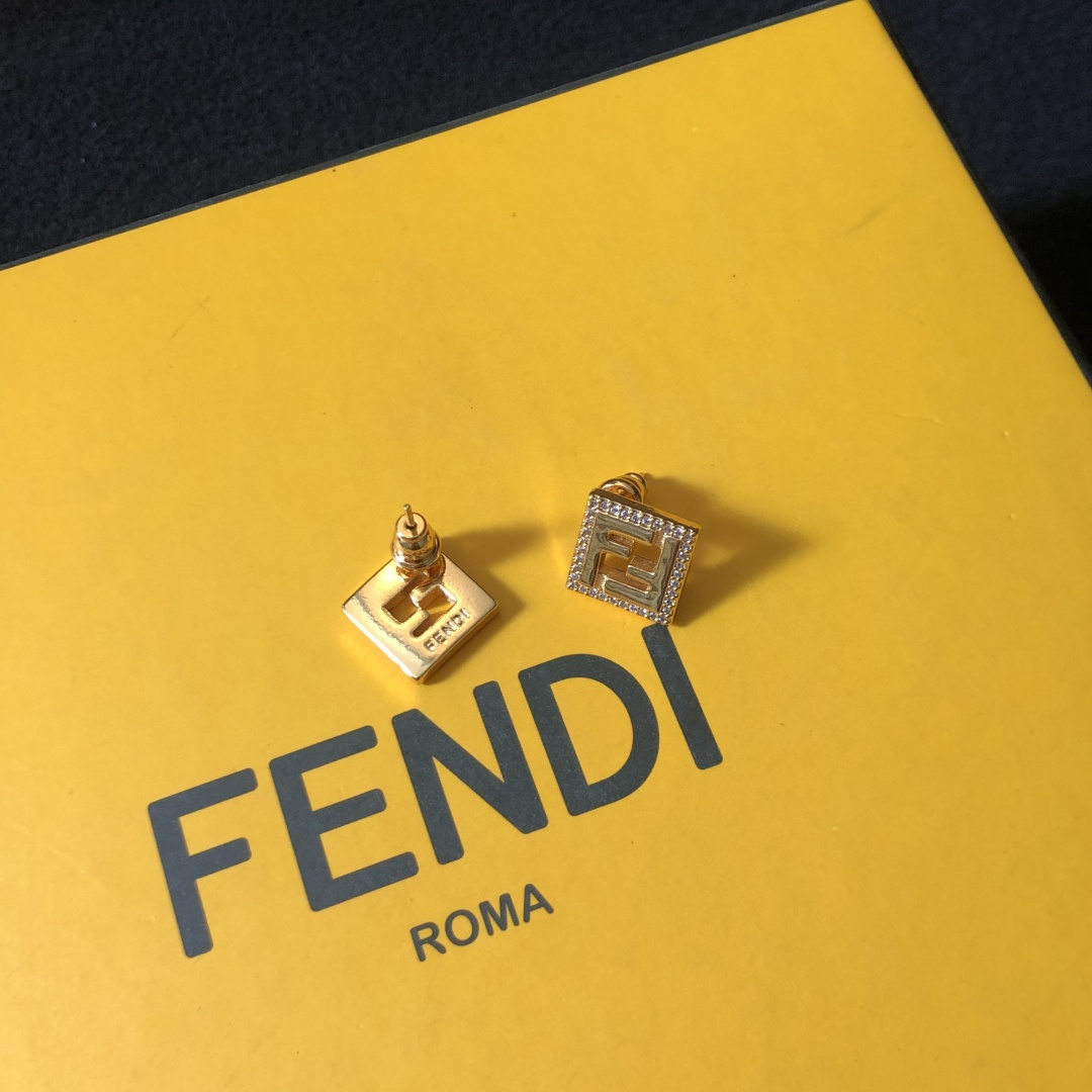 Fendi FF Logo Square Stud Earrings earrings gold-tone metal with clear crystal accents 1cm x 1cm per