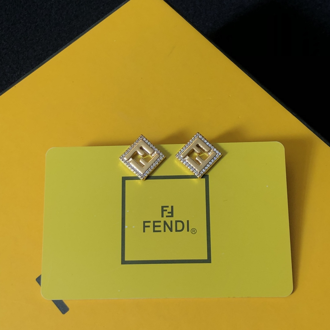 Fendi FF Logo Square Stud Earrings earrings gold-tone metal with clear crystal accents 1cm x 1cm per