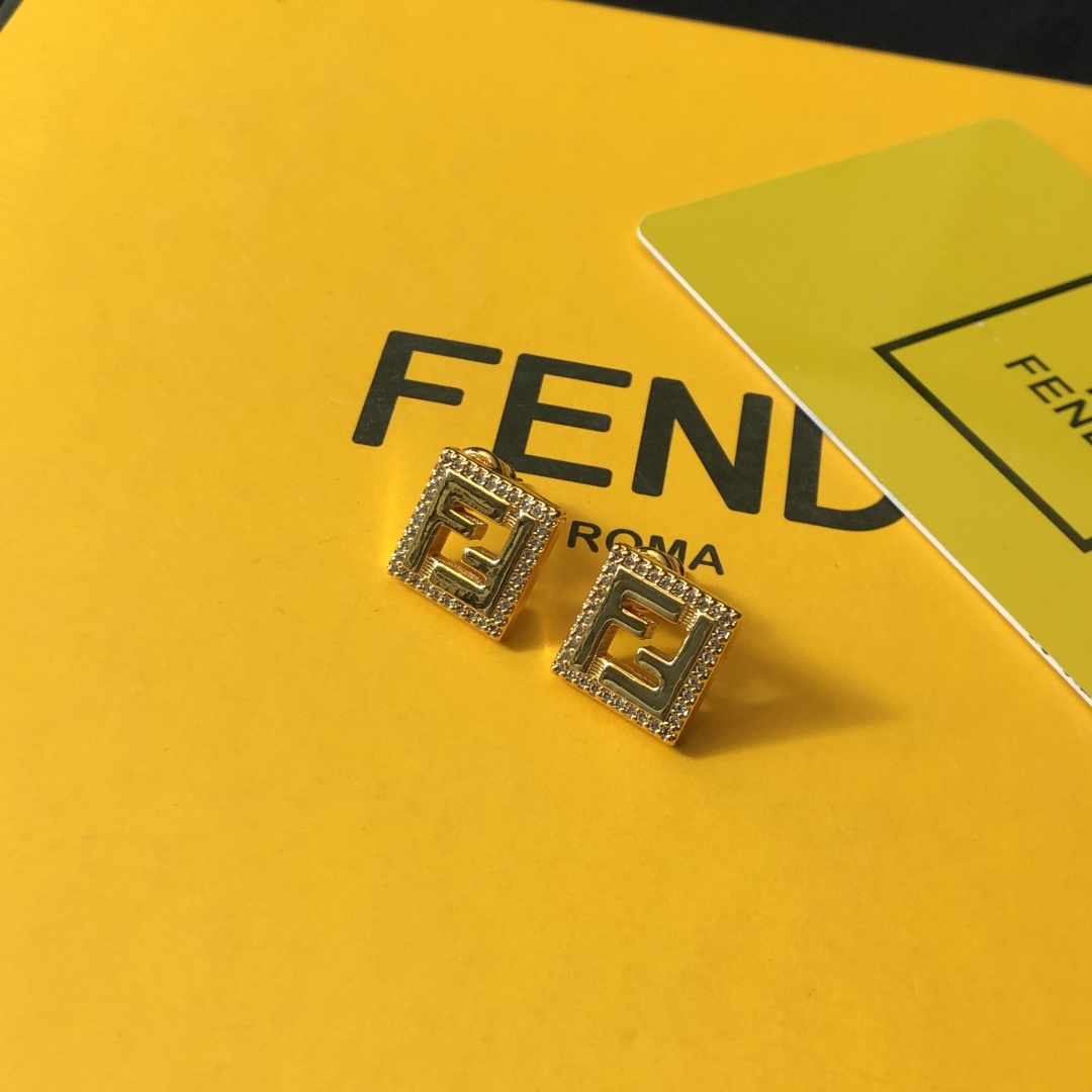 Fendi FF Logo Square Stud Earrings earrings gold-tone metal with clear crystal accents 1cm x 1cm per