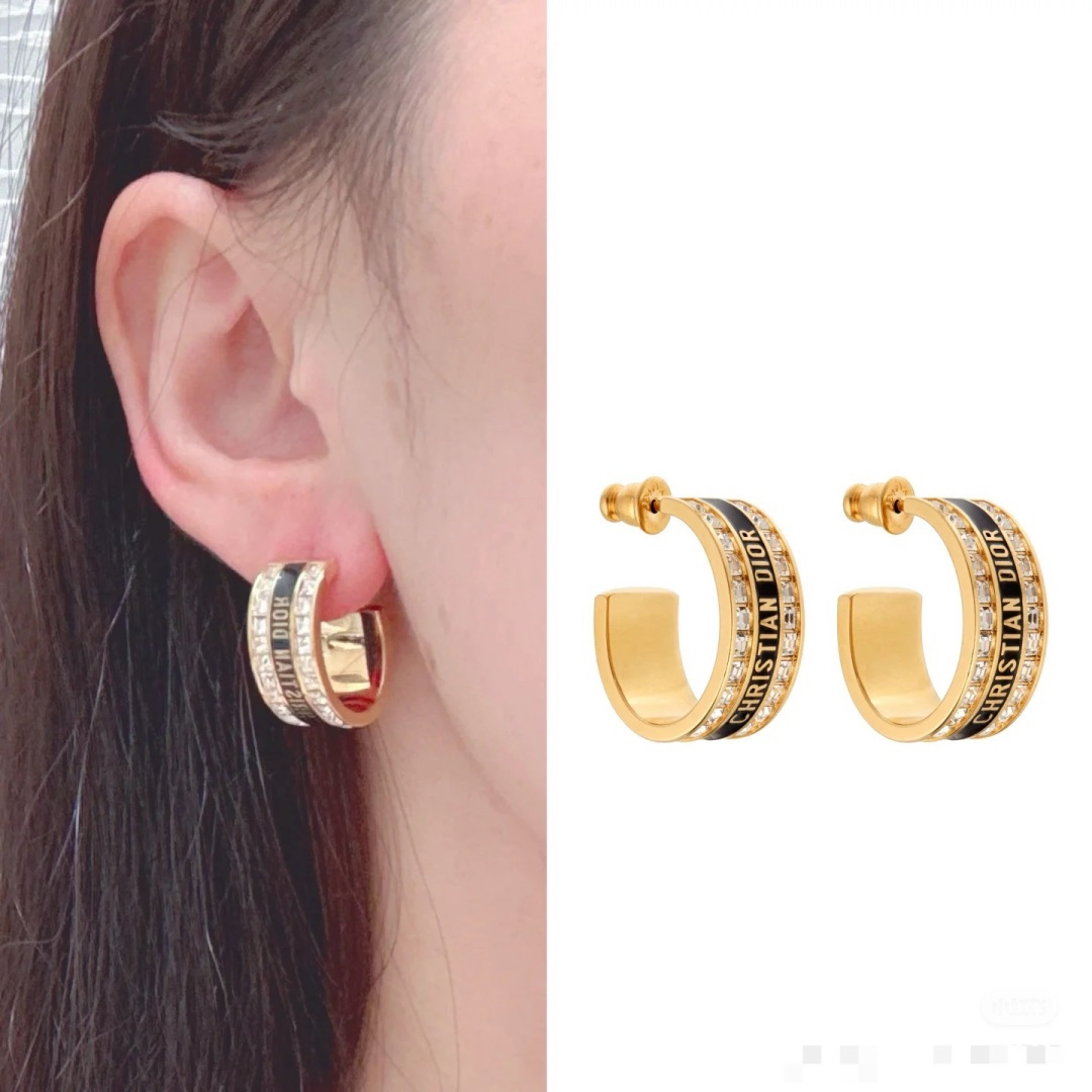 Dior Dior Code earrings gold-tone metal with clear crystal accents available with black or white enamel bands 1 5cm hoop diameter
