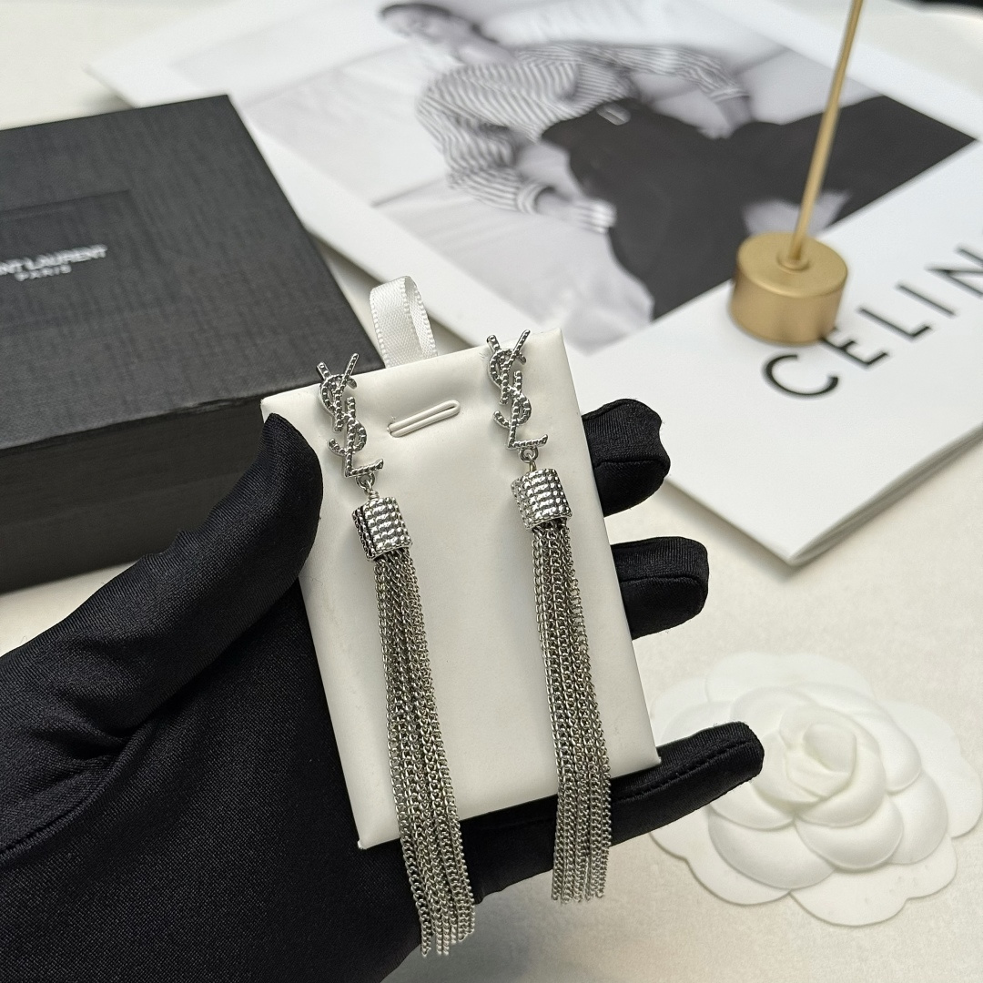 Saint Laurent Cassandre YSL Logo Tassel Drop Earrings earrings silver-toned metal with clear crystal pave detailing 8cm drop length
