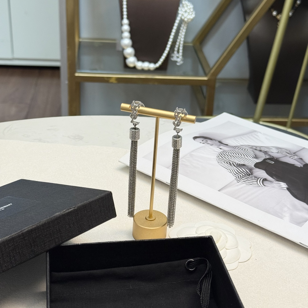 Saint Laurent Cassandre YSL Logo Tassel Drop Earrings earrings silver-toned metal with clear crystal pave detailing 8cm drop length