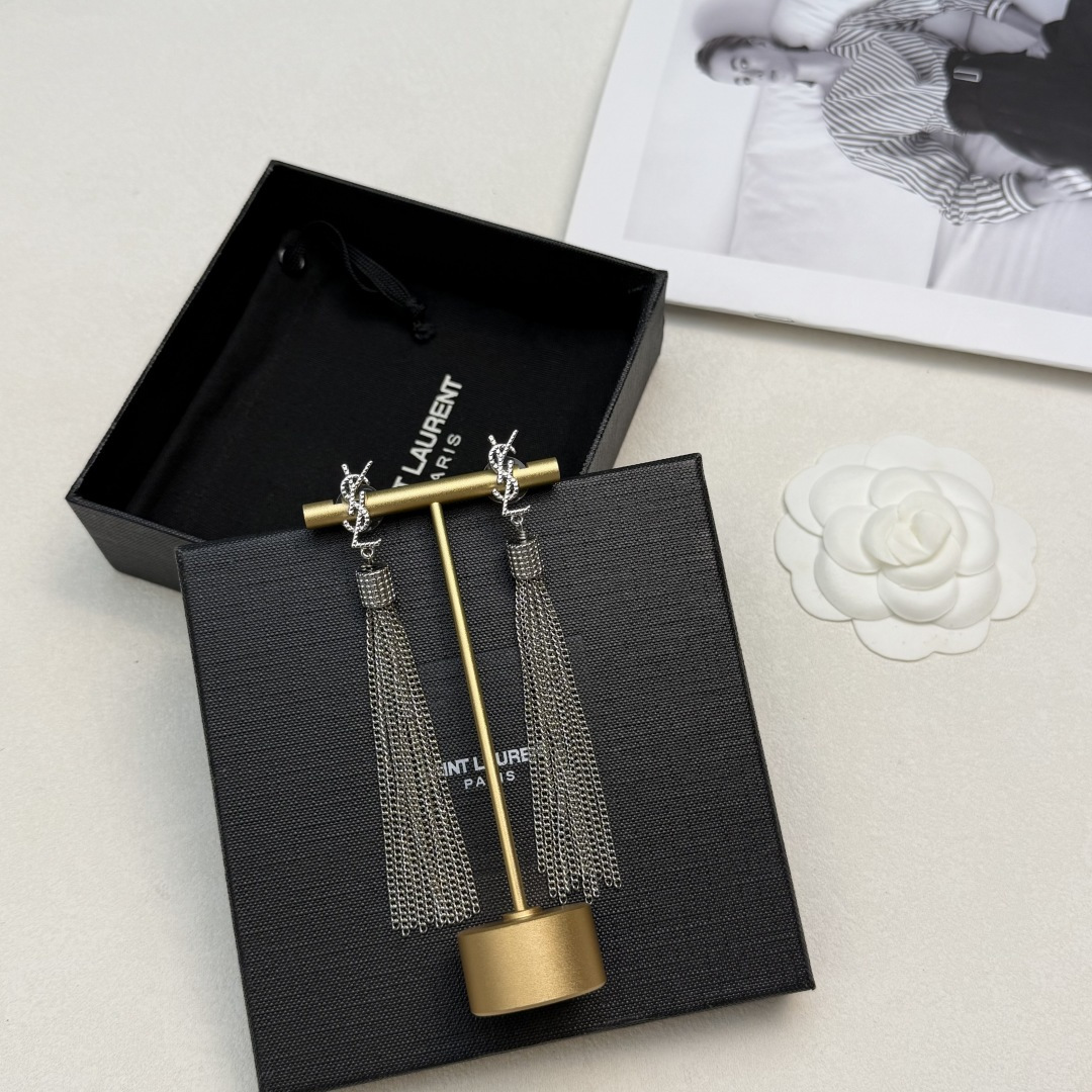 Saint Laurent Cassandre YSL Logo Tassel Drop Earrings earrings silver-toned metal with clear crystal pave detailing 8cm drop length