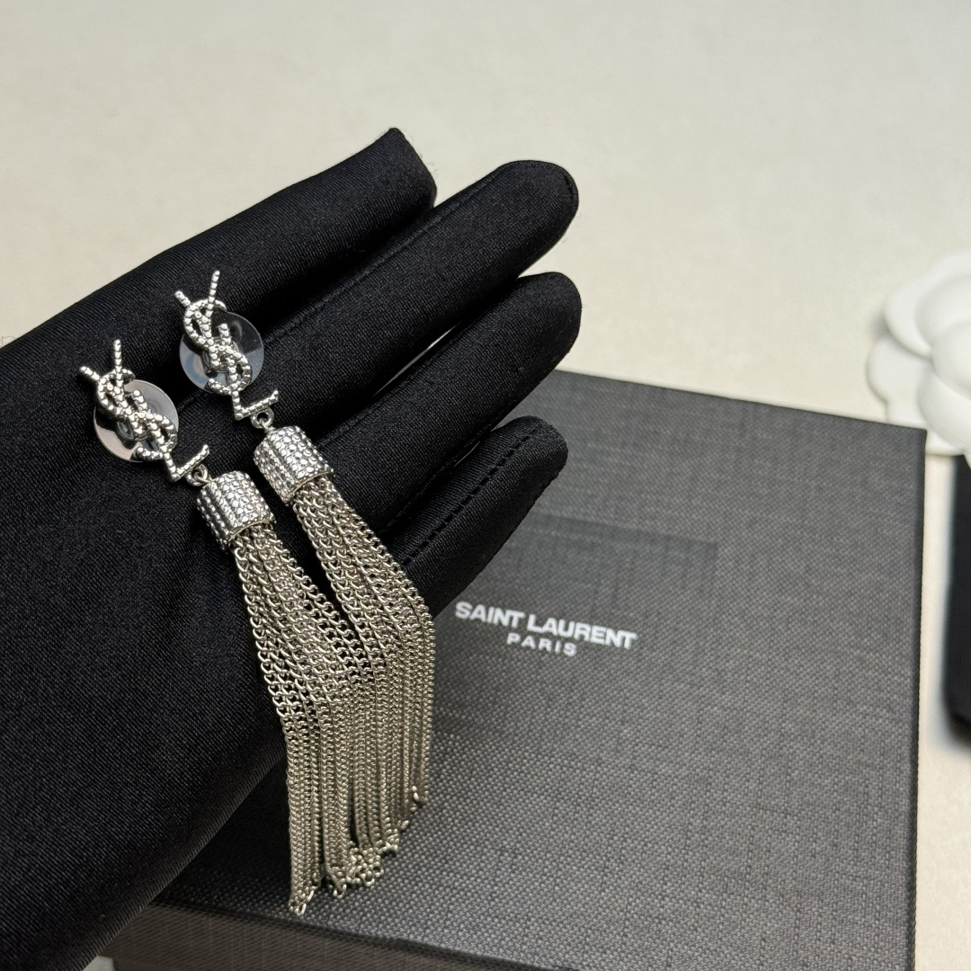 Saint Laurent Cassandre YSL Logo Tassel Drop Earrings earrings silver-toned metal with clear crystal pave detailing 8cm drop length
