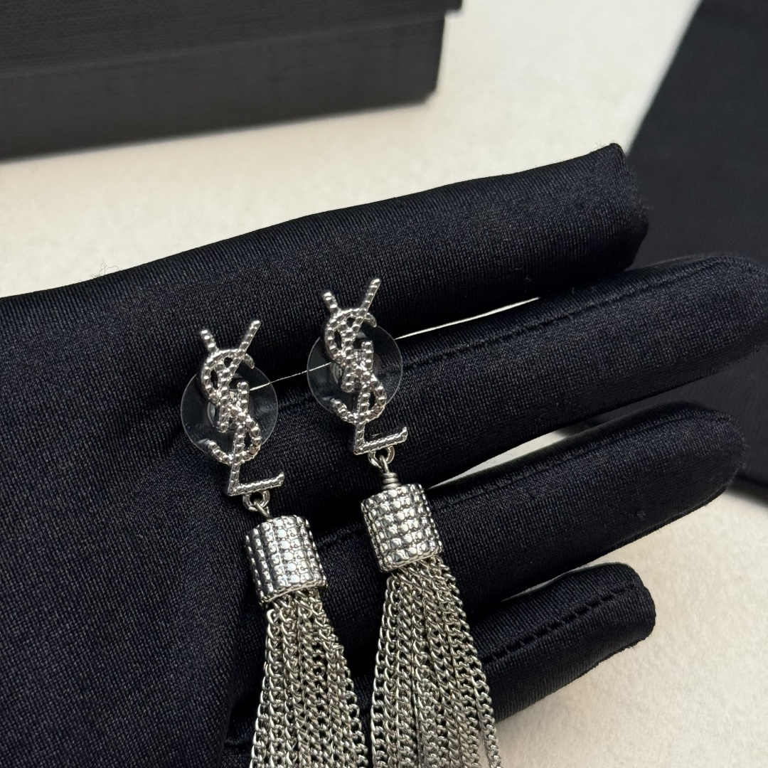 Saint Laurent Cassandre YSL Logo Tassel Drop Earrings earrings silver-toned metal with clear crystal pave detailing 8cm drop length