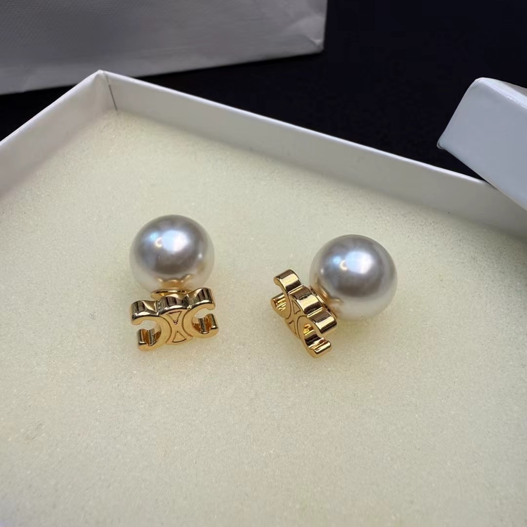 Celine Triomphe Pearl Stud Earrings earrings gold-tone metal white pearl 12mm pearl diameter