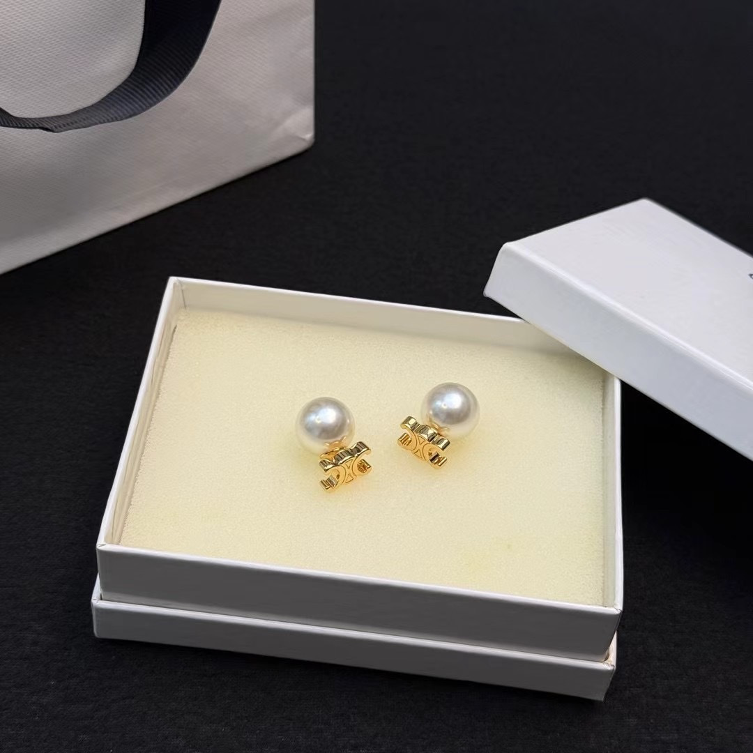 Celine Triomphe Pearl Stud Earrings earrings gold-tone metal white pearl 12mm pearl diameter