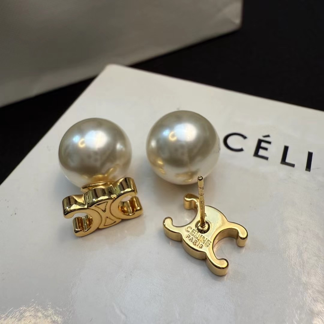 Celine Triomphe Pearl Stud Earrings earrings gold-tone metal white pearl 12mm pearl diameter