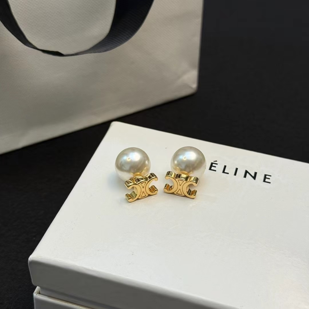 Celine Triomphe Pearl Stud Earrings earrings gold-tone metal white pearl 12mm pearl diameter