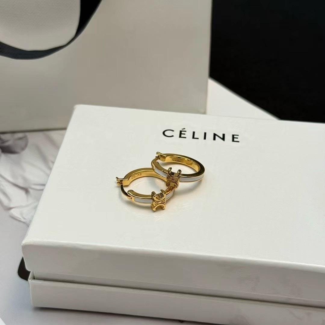 Celine Triomphe earrings gold-tone metal with white enamel accents 1 5cm hoop diameter