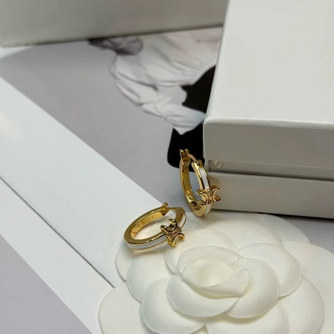 Celine Triomphe earrings gold-tone metal with white enamel accents 1 5cm hoop diameter