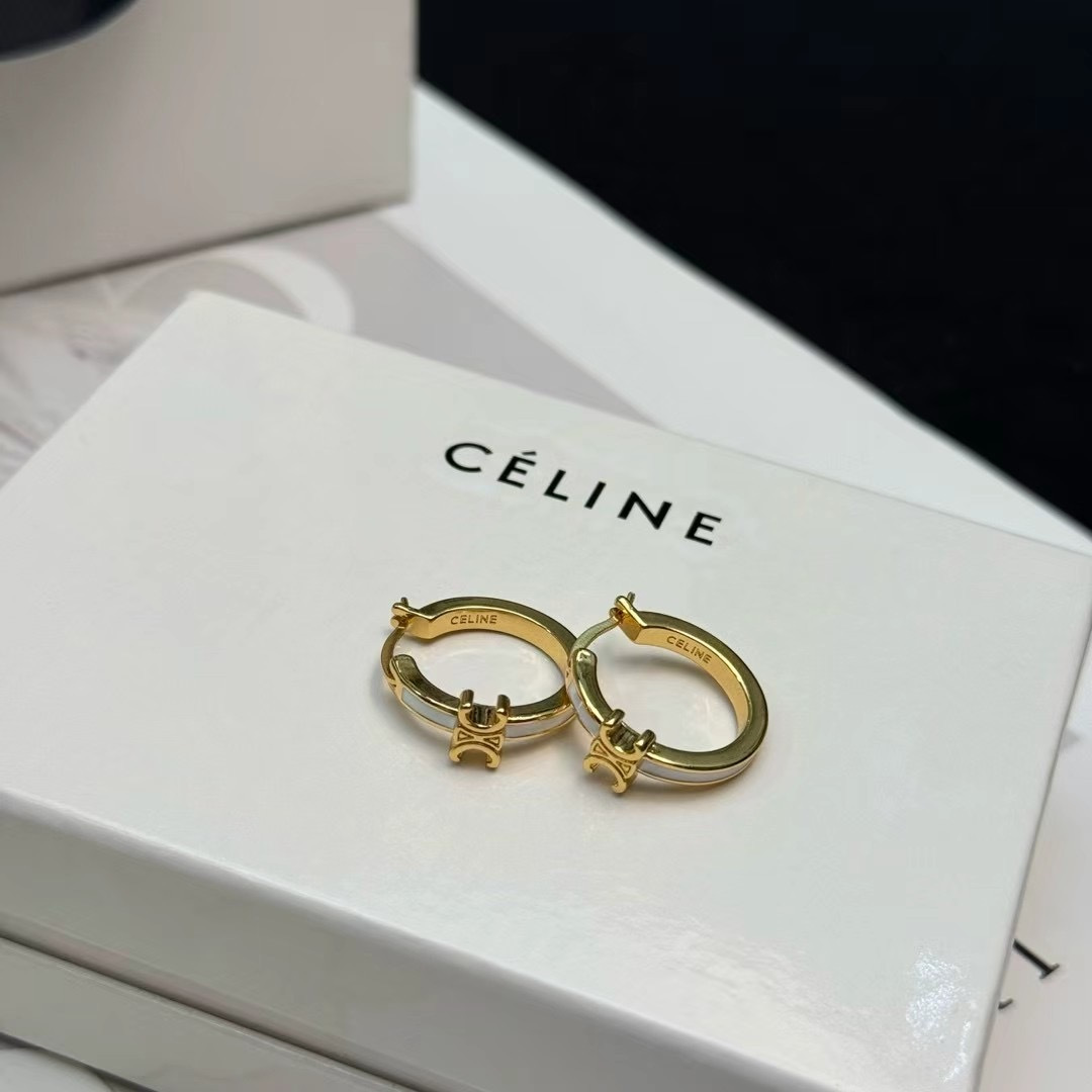 Celine Triomphe earrings gold-tone metal with white enamel accents 1 5cm hoop diameter