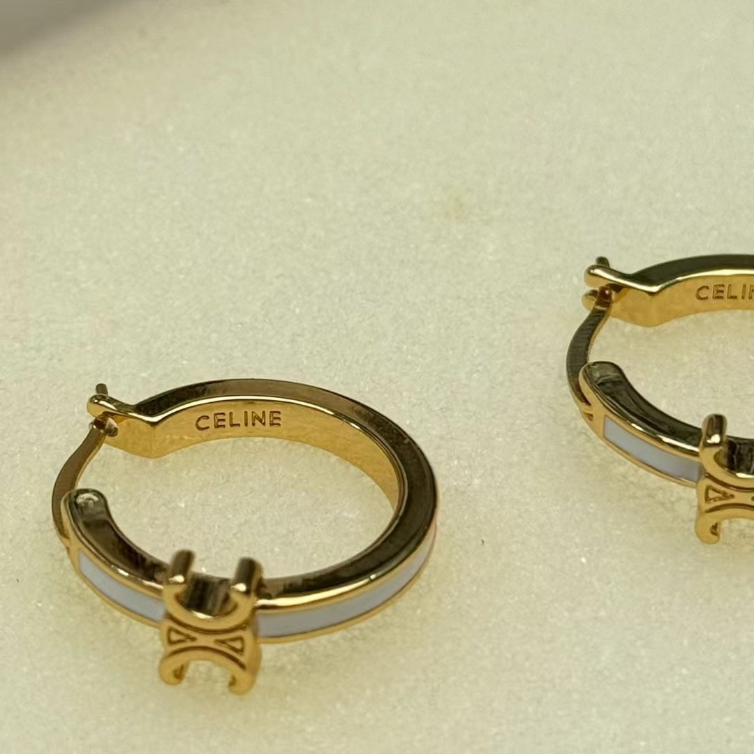 Celine Triomphe earrings gold-tone metal with white enamel accents 1 5cm hoop diameter