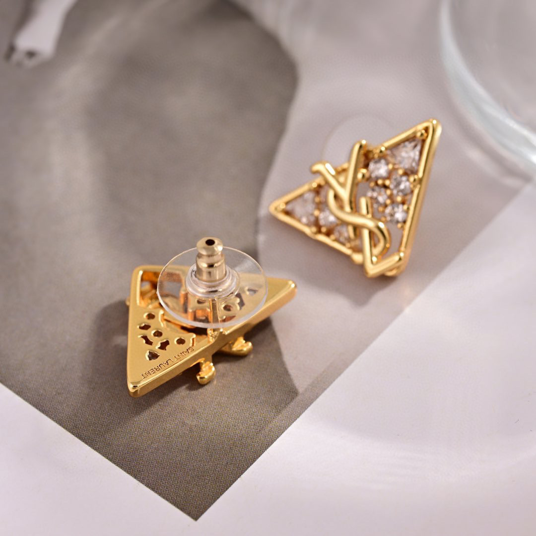 Saint Laurent YSL 1961 Triangle Monogram earrings Gold-tone metal with clear cubic zirconia Silver-tone metal with clear cubic zirconia 1 5cm stud length