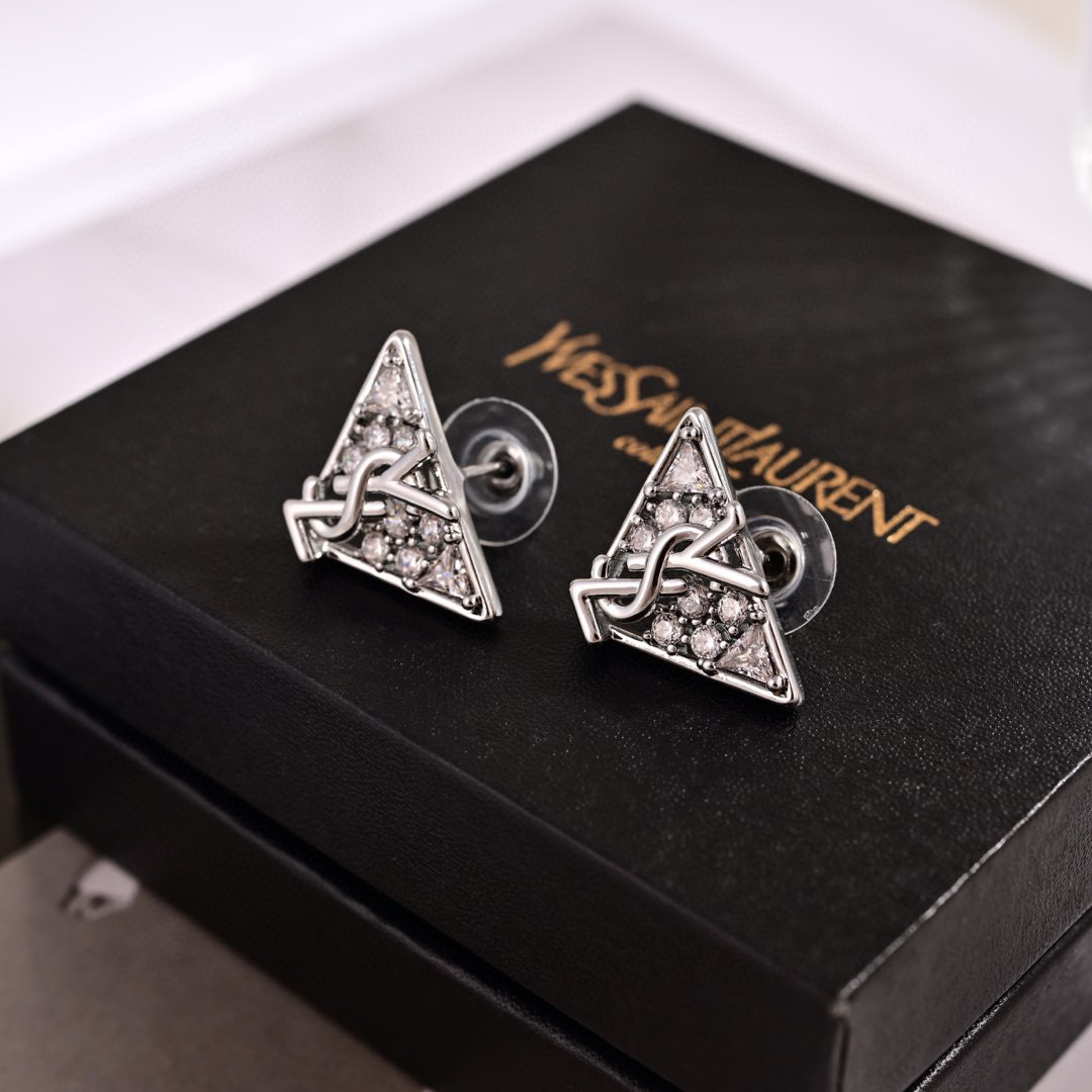 Saint Laurent YSL 1961 Triangle Monogram earrings Gold-tone metal with clear cubic zirconia Silver-tone metal with clear cubic zirconia 1 5cm stud length