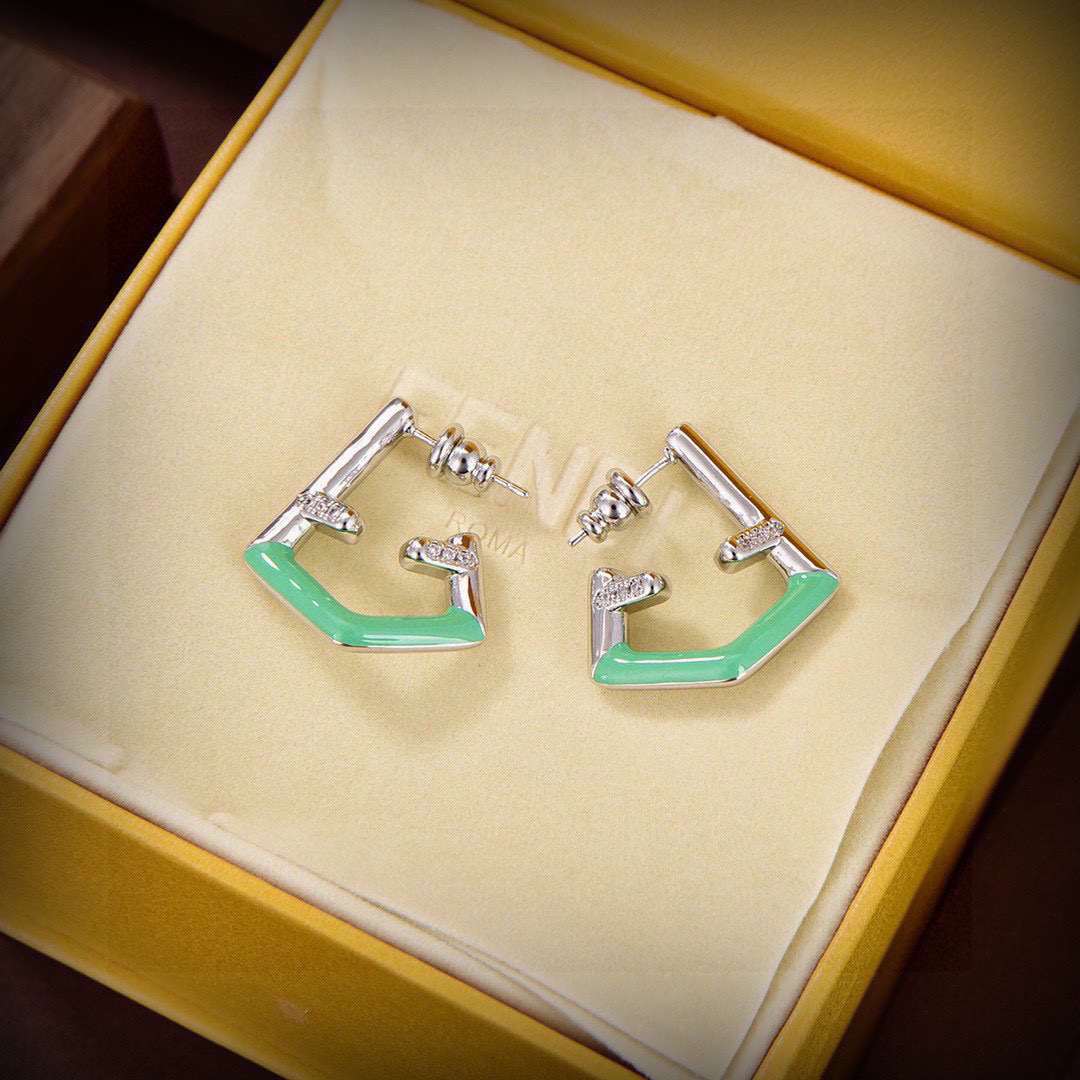 Fendi Fendi First earrings silver-toned metal mint green enamel clear crystal 2cm diameter