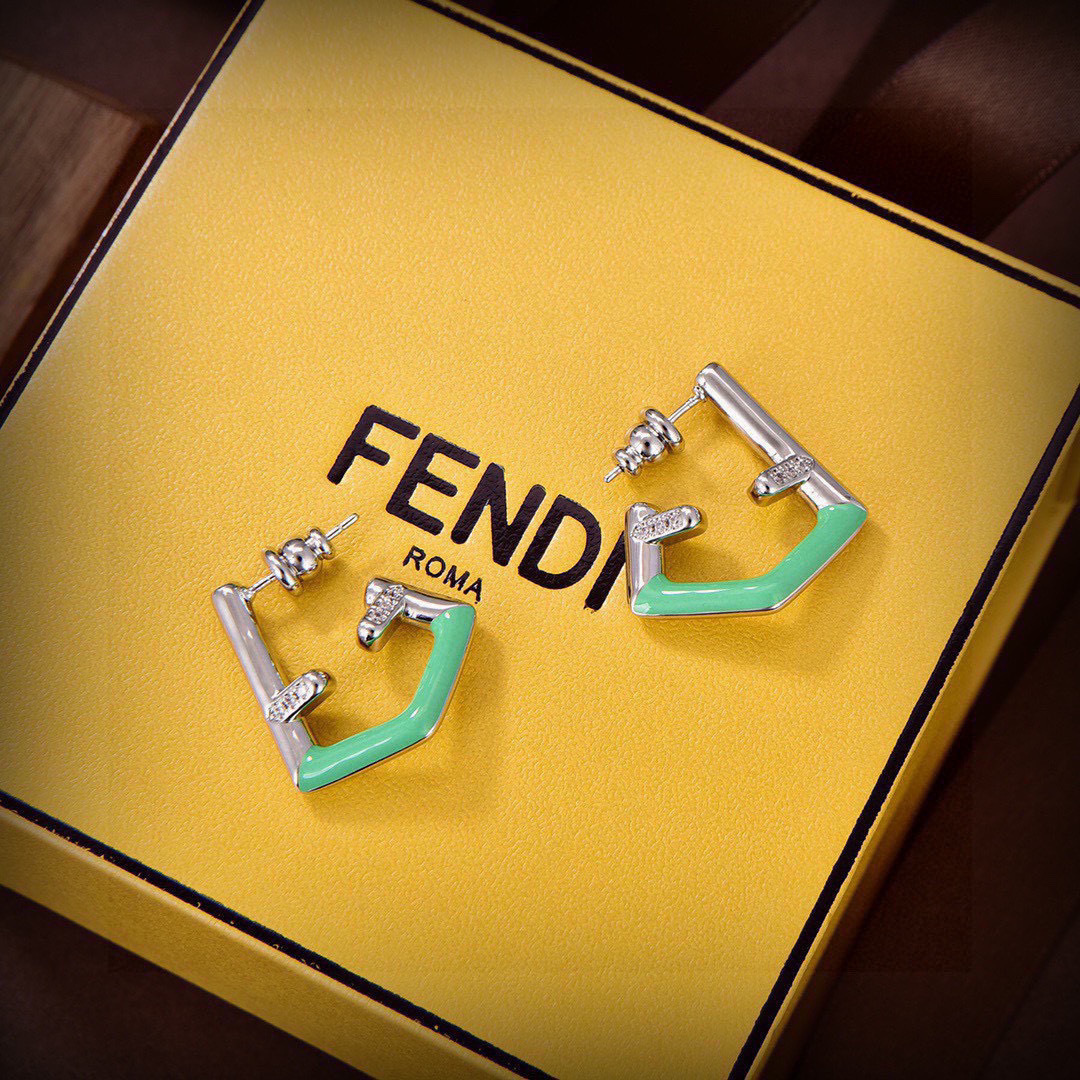 Fendi Fendi First earrings silver-toned metal mint green enamel clear crystal 2cm diameter