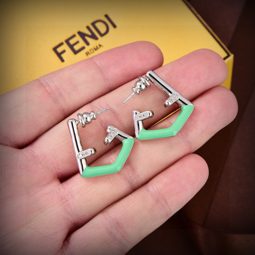 Fendi Fendi First earrings silver-toned metal mint green enamel clear crystal 2cm diameter
