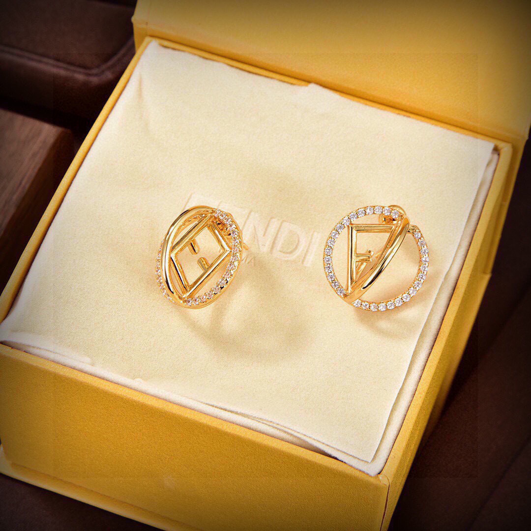 Fendi F Is Fendi earrings gold-tone metal with clear crystal accents 1 5cm diameter