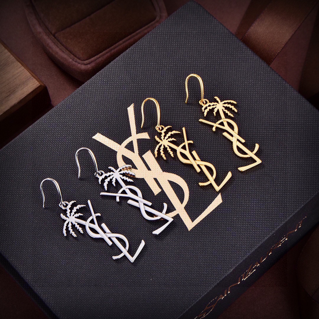 Saint Laurent Cassandre Palm Tree Monogram Drop Earrings earrings Gold-tone metal gold variant Silver-tone metal silver variant no gemstones 4 5cm drop length