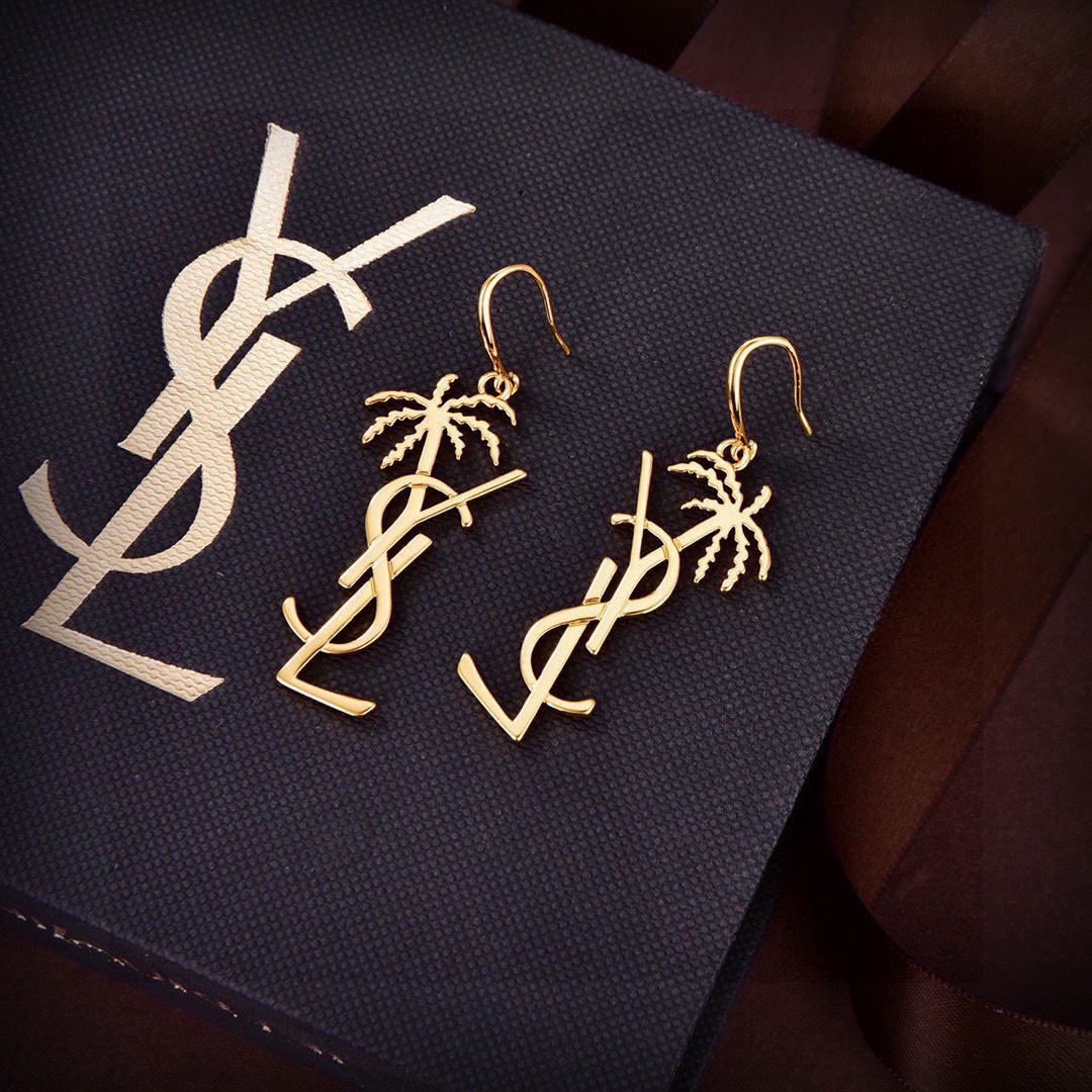 Saint Laurent Cassandre Palm Tree Monogram Drop Earrings earrings Gold-tone metal gold variant Silver-tone metal silver variant no gemstones 4 5cm drop length