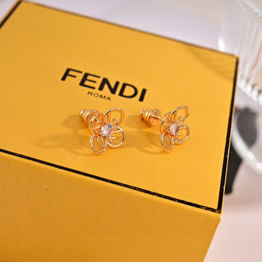 Fendi F is Fendi Flower Logo Stud Earrings earrings gold-tone metal with clear faceted stone 10mm stud diameter