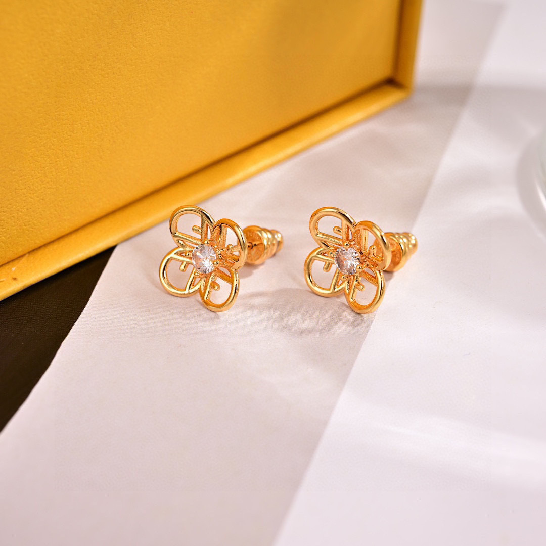 Fendi F is Fendi Flower Logo Stud Earrings earrings gold-tone metal with clear faceted stone 10mm stud diameter