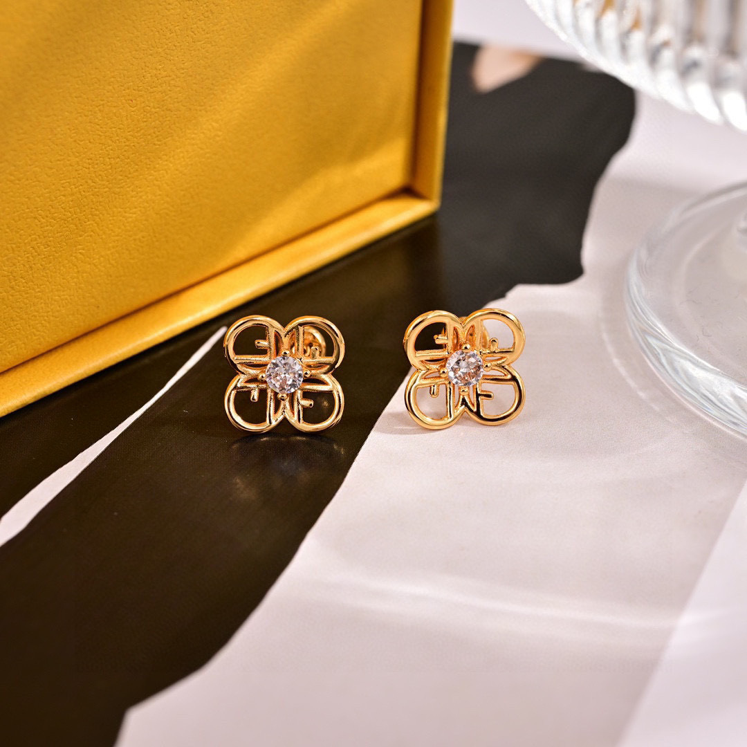 Fendi F is Fendi Flower Logo Stud Earrings earrings gold-tone metal with clear faceted stone 10mm stud diameter