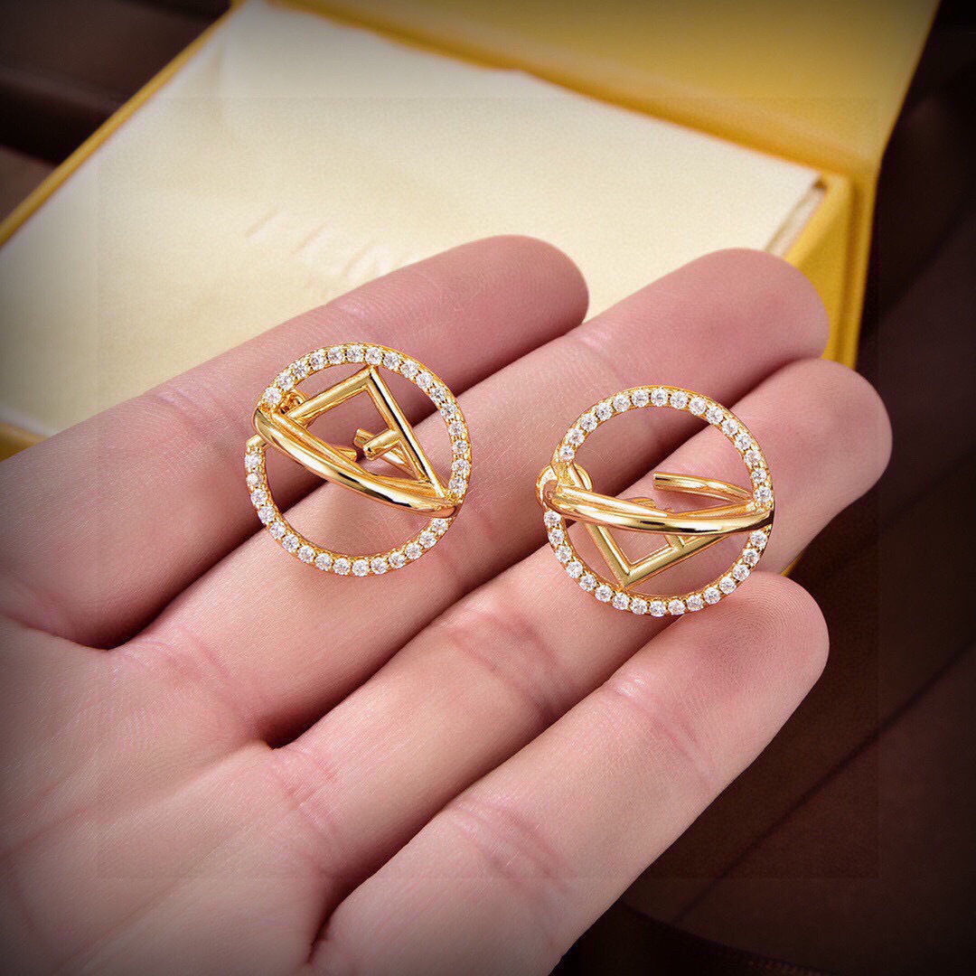 Fendi F Is Fendi earrings gold-tone metal with clear pave crystals 1 5cm diameter