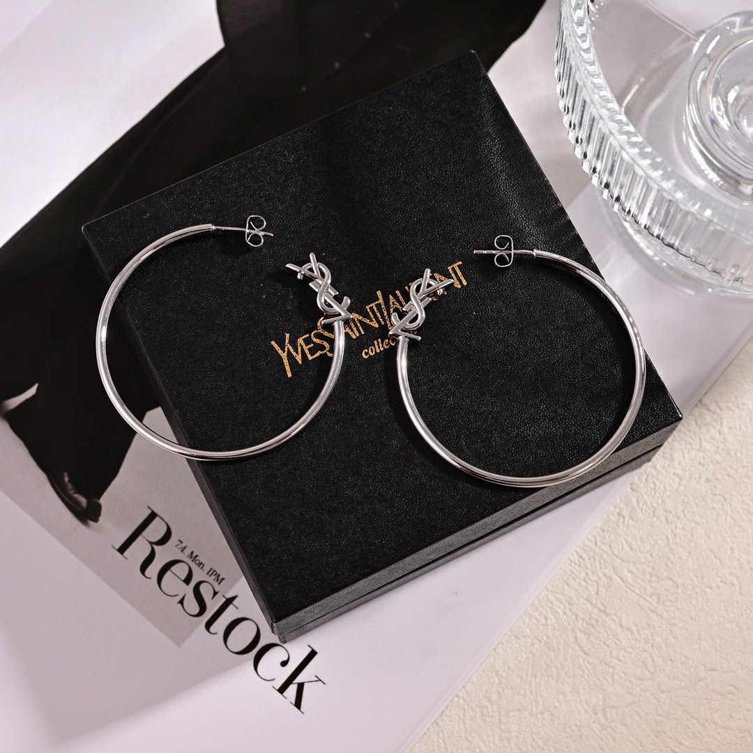 Saint Laurent Cassandre YSL Monogram Hoop earrings Gold-tone metal Silver-tone metal 4 5cm diameter
