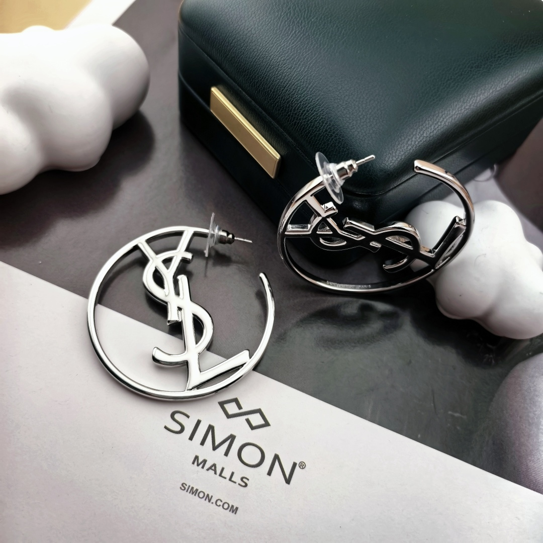 Saint Laurent Cassandre YSL Monogram Hoop earrings silver-toned metal no gemstones 4 5cm diameter