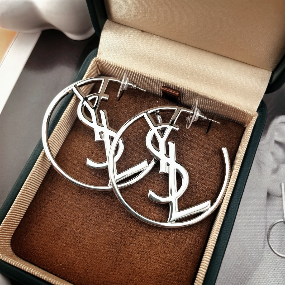 Saint Laurent Cassandre YSL Monogram Hoop earrings silver-toned metal no gemstones 4 5cm diameter