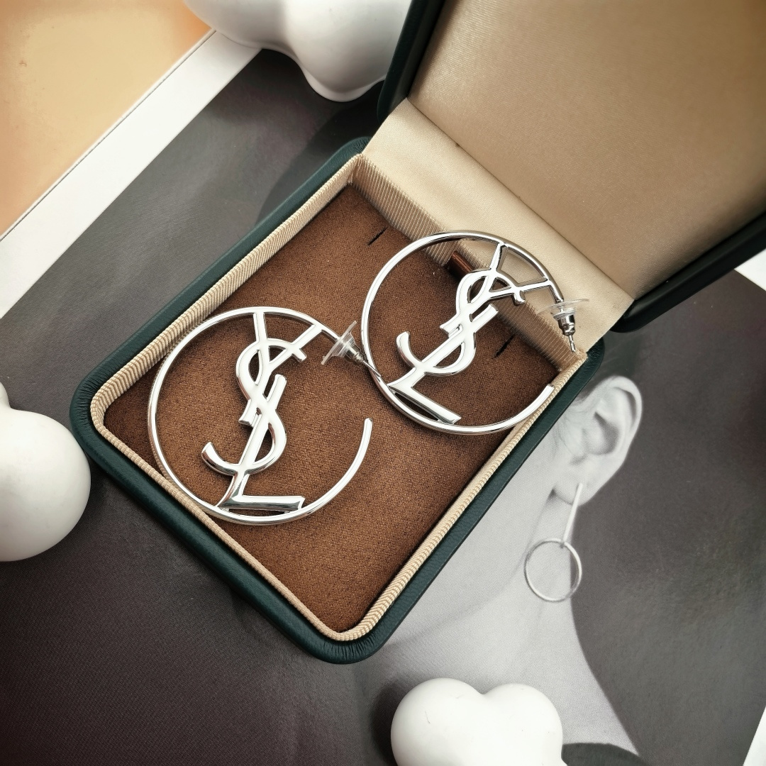 Saint Laurent Cassandre YSL Monogram Hoop earrings silver-toned metal no gemstones 4 5cm diameter