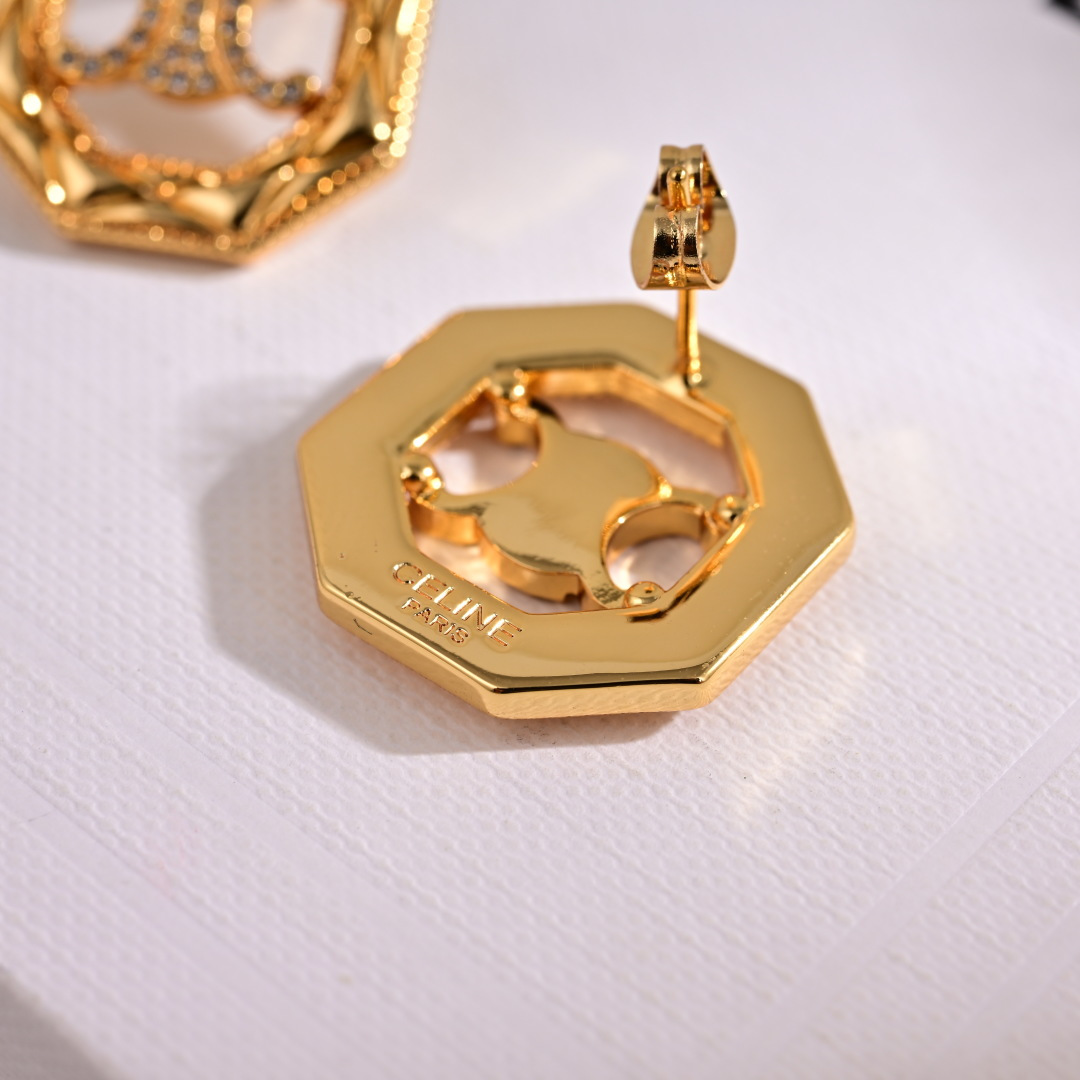 Celine Triomphe Octagonal Stud Earrings earrings gold-tone metal with clear crystal accents 1 5cm diameter