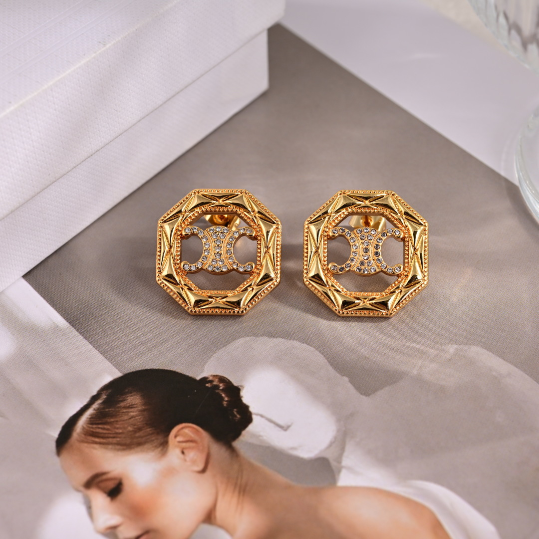 Celine Triomphe Octagonal Stud Earrings earrings gold-tone metal with clear crystal accents 1 5cm diameter