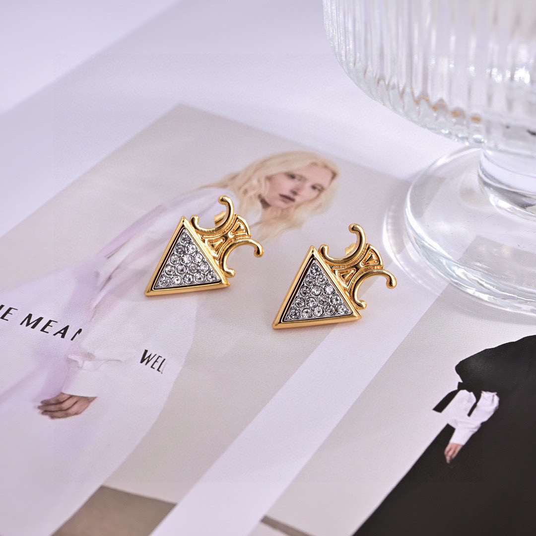 Celine Triomphe Precious Triangular Crystal Stud Earrings earrings gold-tone metal with clear faceted crystal accents 1 5cm stud length