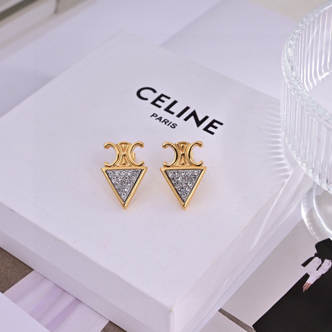 Celine Triomphe Precious Triangular Crystal Stud Earrings earrings gold-tone metal with clear faceted crystal accents 1 5cm stud length