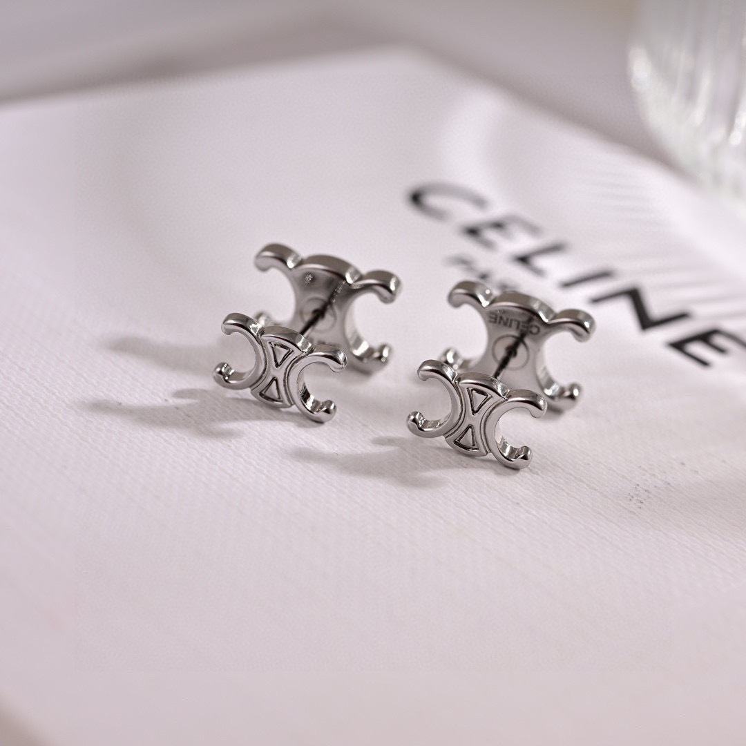 Celine Triomphe earrings silver-toned metal no accent stones 10mm stud diameter