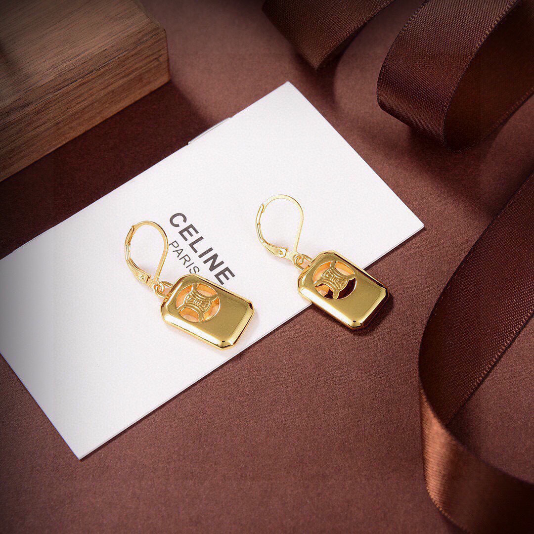 Celine Triomphe Cutout Tag earrings gold-tone metal no gemstones 2 5cm drop length