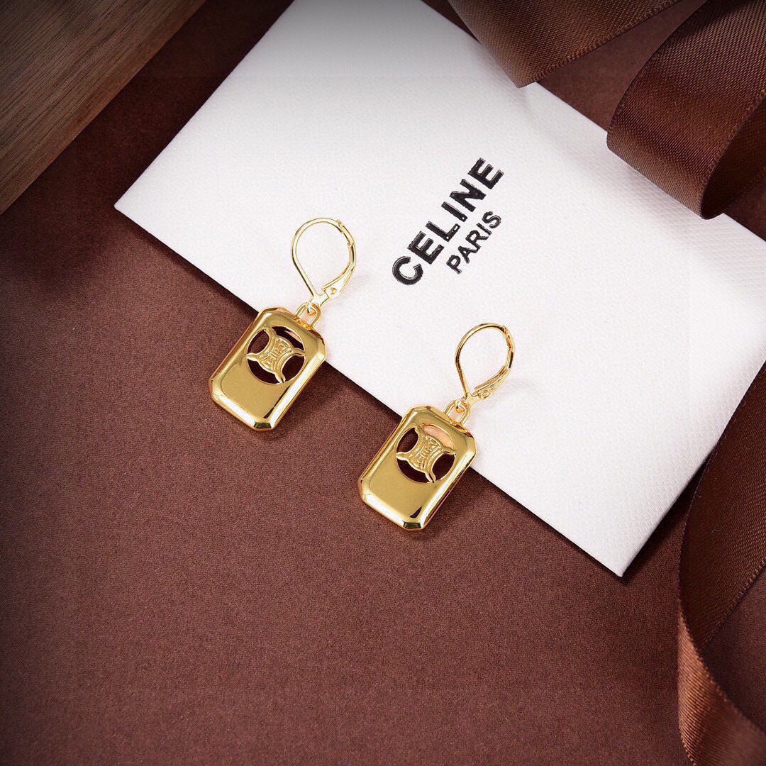 Celine Triomphe Cutout Tag earrings gold-tone metal no gemstones 2 5cm drop length