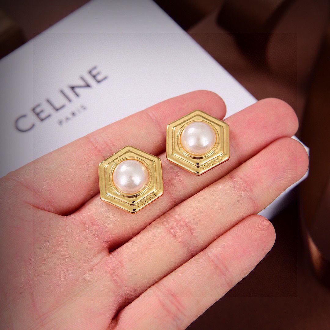 Celine Hexagonal Pearl Stud earrings gold-tone metal with white pearl 2cm diameter