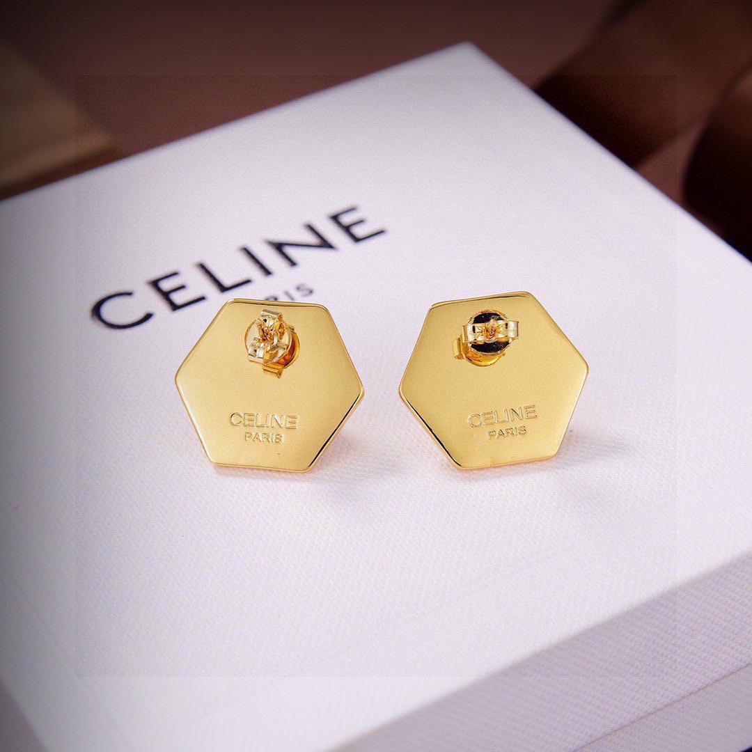 Celine Hexagonal Pearl Stud earrings gold-tone metal with white pearl 2cm diameter