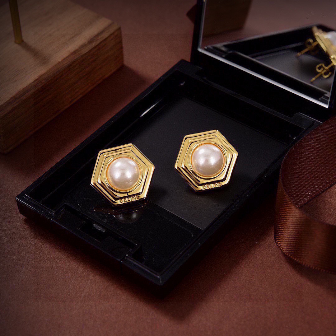 Celine Hexagonal Pearl Stud earrings gold-tone metal with white pearl 2cm diameter