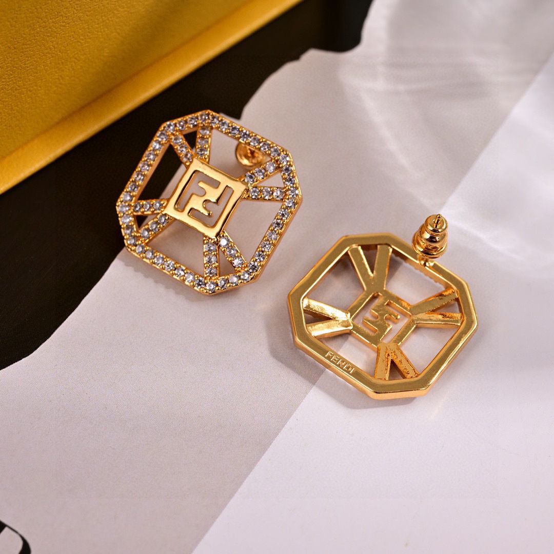 Fendi FF Logo Octagonal Stud Earrings earrings gold-tone metal with clear pave crystals 2cm stud diameter