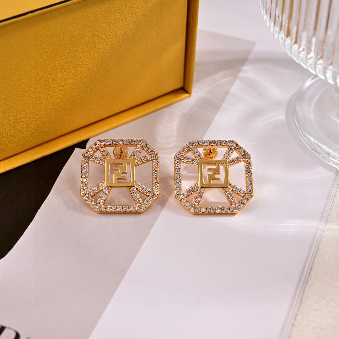 Fendi FF Logo Octagonal Stud Earrings earrings gold-tone metal with clear pave crystals 2cm stud diameter