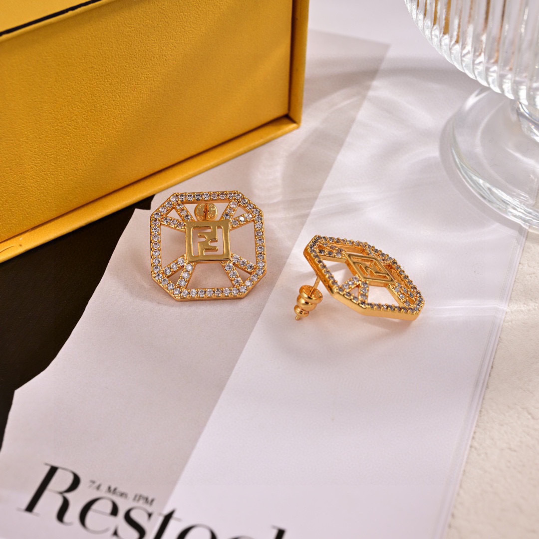 Fendi FF Logo Octagonal Stud Earrings earrings gold-tone metal with clear pave crystals 2cm stud diameter